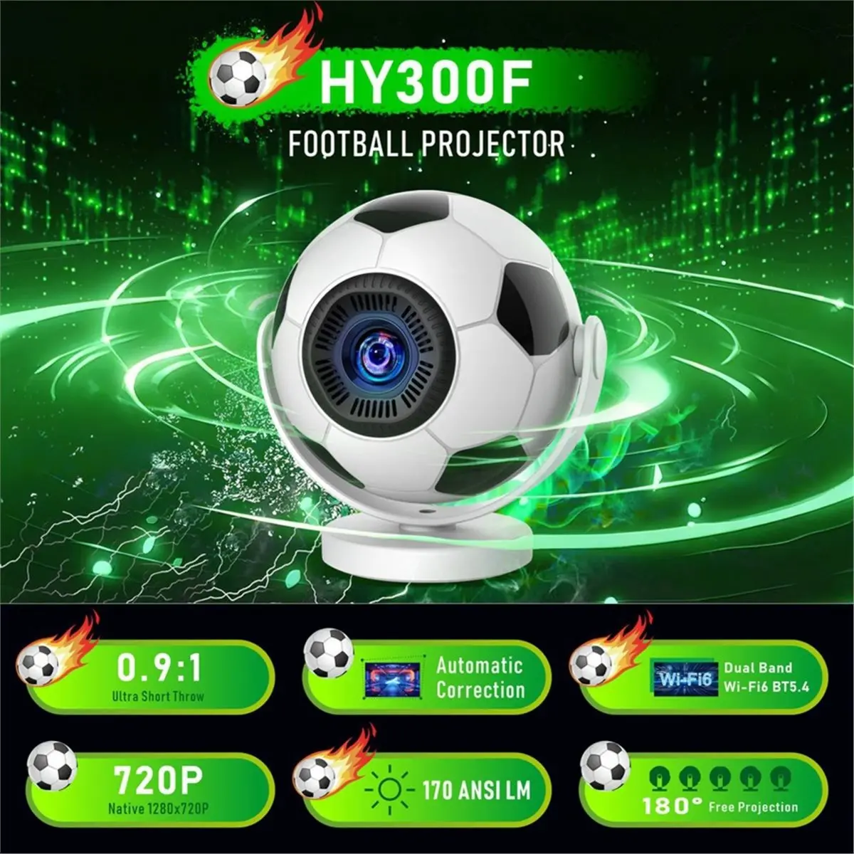 Фото 【B63C~】 Мини-проектор HY300F в форме футбольного мяча с WiFi6, Android 14, процессором Allwinner H726, Bluetooth 5.4, для домашнего кинотеатра, с европейской вилкой. №3