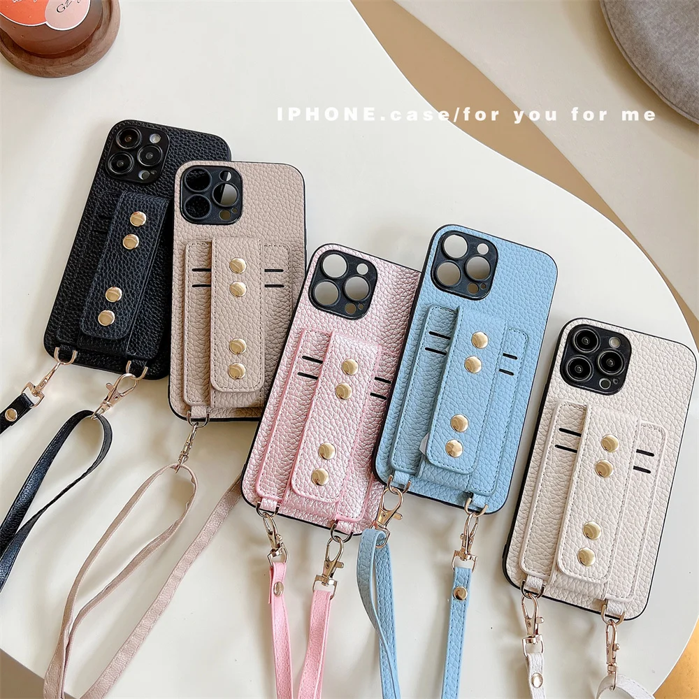 

Leather Necklace Lanyard Case Protect Cover For iPhone 13 12 11 Pro Max X XS XR SE Card Holder Wallet Bracket Holder Stand Funda