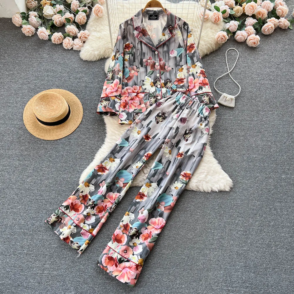 

Ethnic Style Floral Print Two Piece Sets Womens Outifits Women Set Long Sleeve Shirt Top + High Elastic Waist Pants Dropshipping