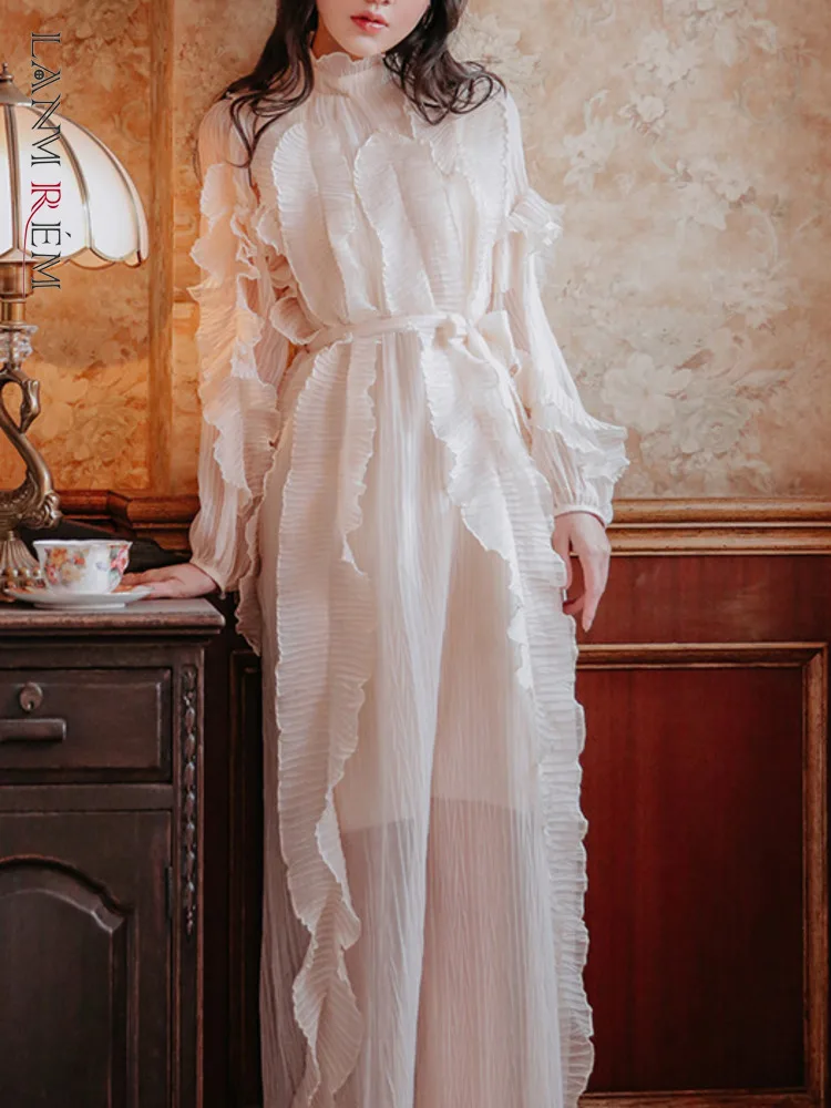

LANMREM Elegant Pleated Ruffles Dress Women Stand Collar Butterfly Sleeves Belt Solid Long Dresses Party 2023 Autumn New 2AA2163