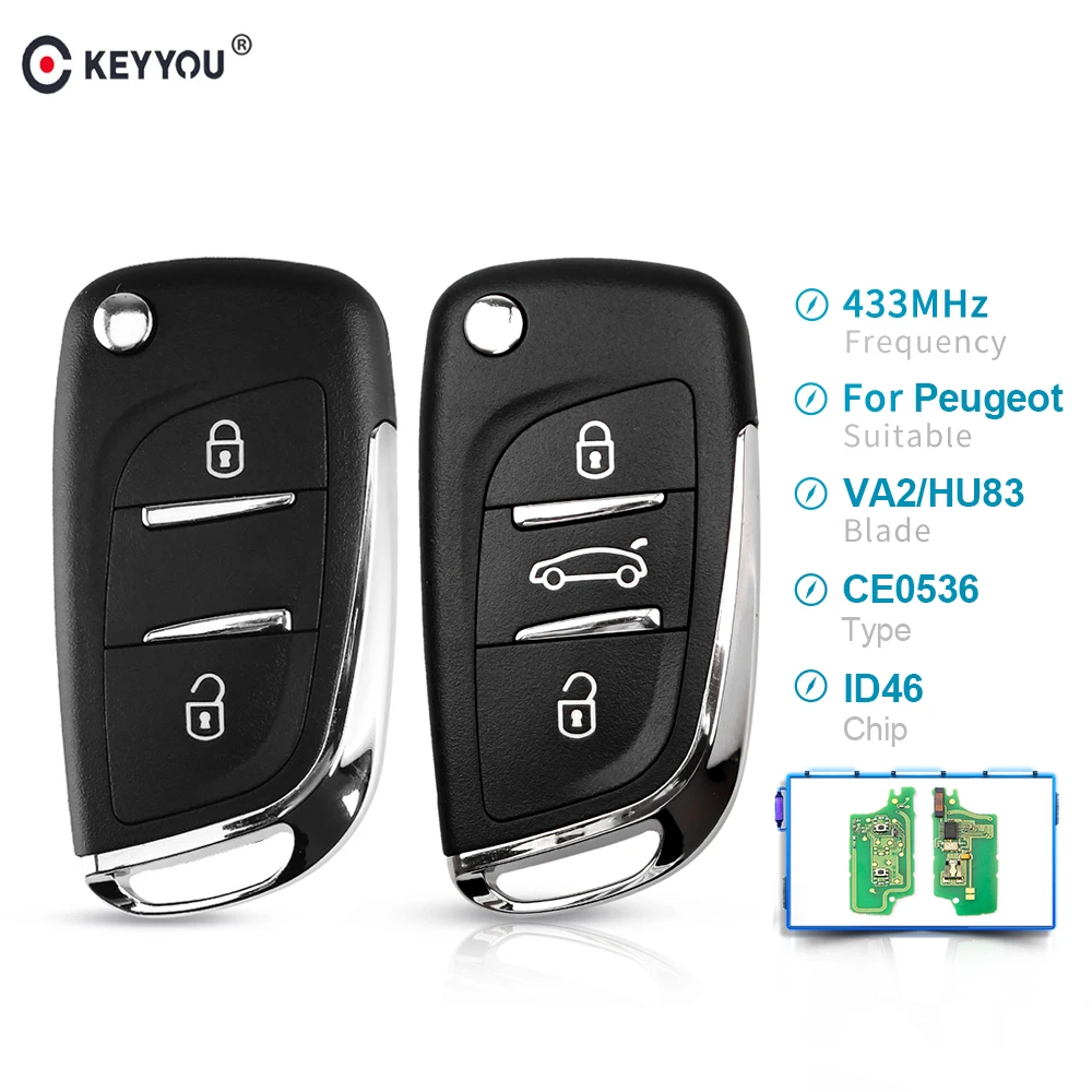 KEYYOU 433MHz ASK/FSK Modified Flip Remote Car Key For Peugeot 107 207 307 307S 308 407 607 CE0536 VA2/HU83 PCF7961 2/3 BTN Key