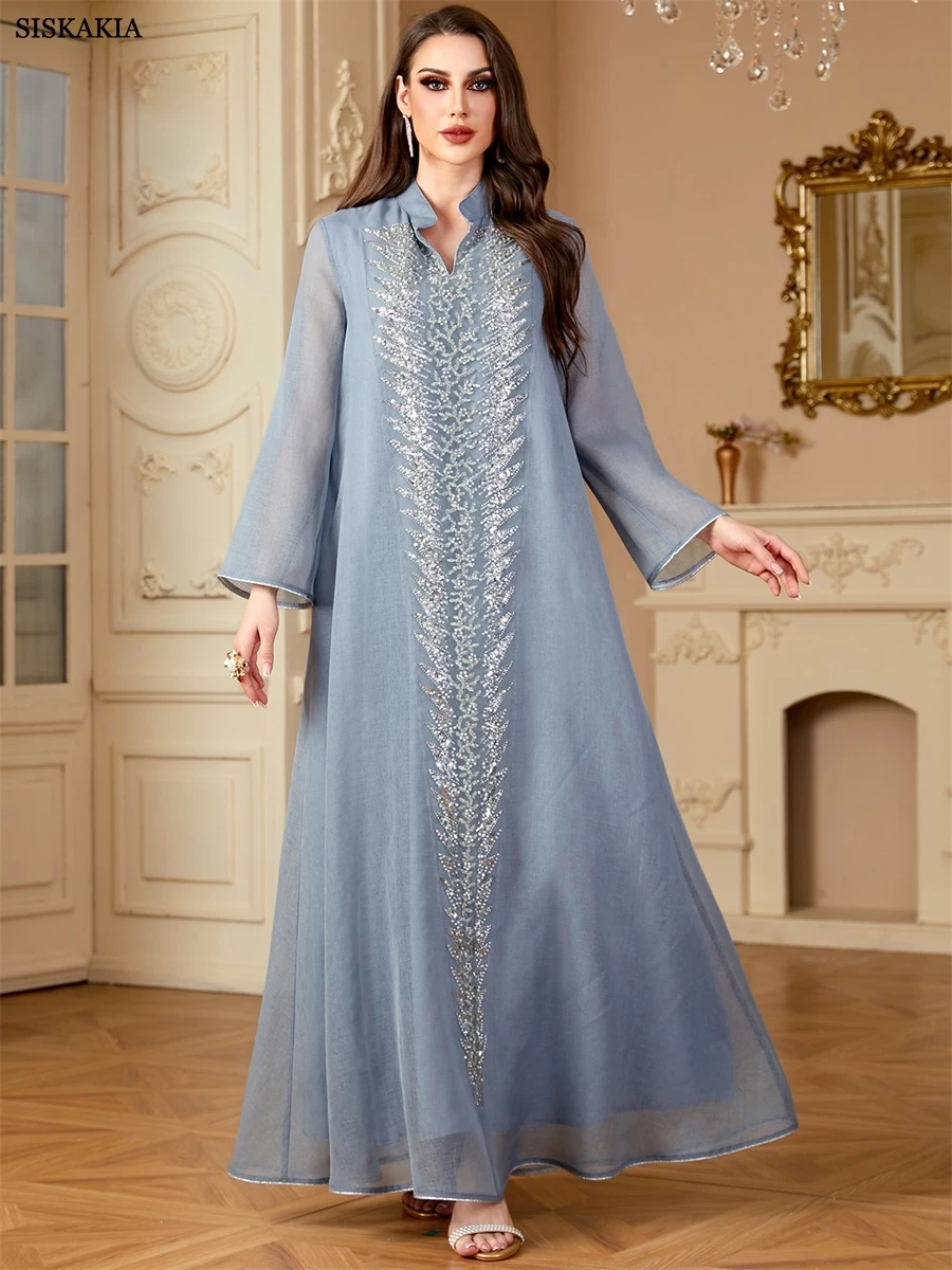 Siskakia женские длинные платья Джалабия Рамадан Дубай с блестками и сеткой скромный