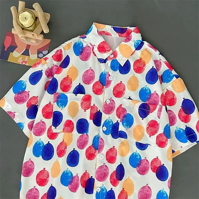 Multicolour Full Printed Childlike Button Up Shirt Womens Tops Short Sleeve Casual Shirts Men Korean Autumn Womens Shirts Luxury