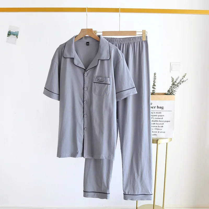 Spring/summer Pajamas for Women Knitted Cotton Couple Suit Men's Short-sleeved Trousers Simple Lapel Home Casual Two Piece Set