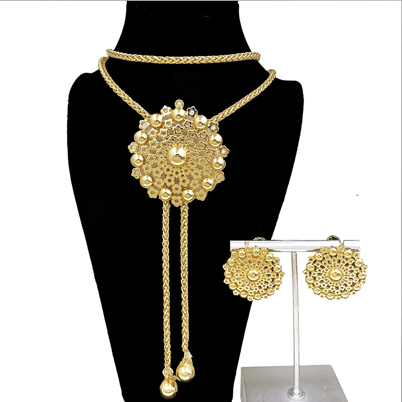 

Women Long Necklace Earrings Set Unique Sweater Chain Elegant Flower Pendant Adjustable Length Wedding Party Accessories