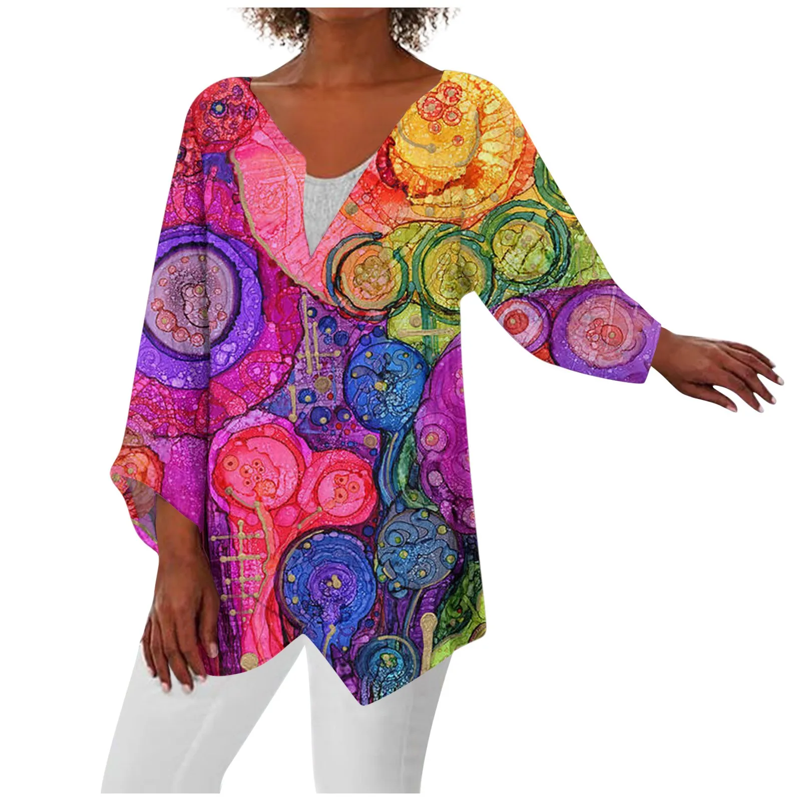 

Women'S Summer Fashion Casual Three Quarter Sleeve Floral Print Hem Asymmetrical T-Shirt Tops Simple And Fashionable New Women'S