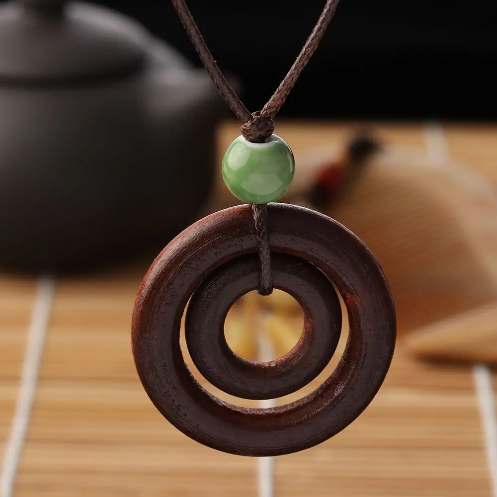 

Jewelry Ceramics Women Brown Rope Chain Wood Necklace Long Double-circle Pendant