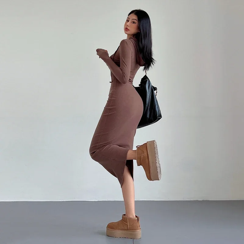 Платье миди с капюшоном женское однотонное повседневное уличное платье запахом