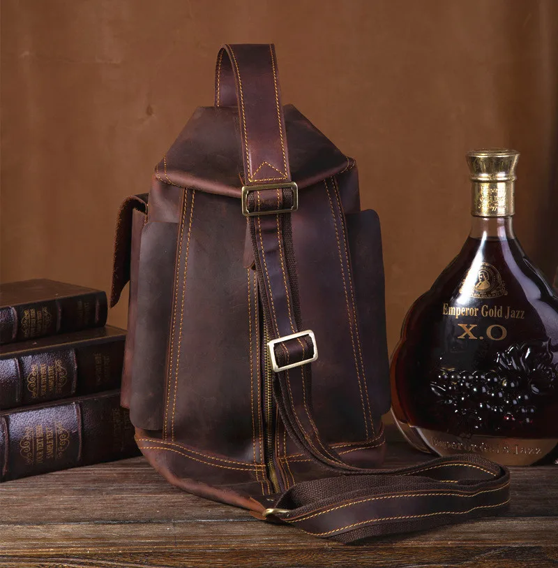 Retro fashion handmade designer Crazy horse cowhide teen bucket bag outdoor casual high quality men's multi-pocket crossbody bag