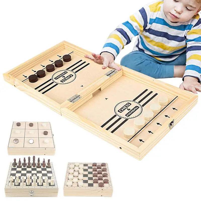 

Slingshot Hockey Game Wood Chess Checkers Board Games 4-in-1 Sling Puck Winner Toy For Parent-child Interaction Kids Beginners