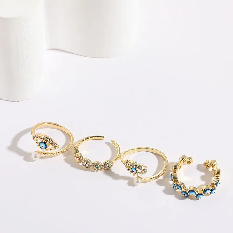 

2023 New Fashion Women Punk Zircon Inlaid Evil Eye and Pearl Adjustable Opening Ring Women Ins Zircon Colorful Evil Eyes Ring