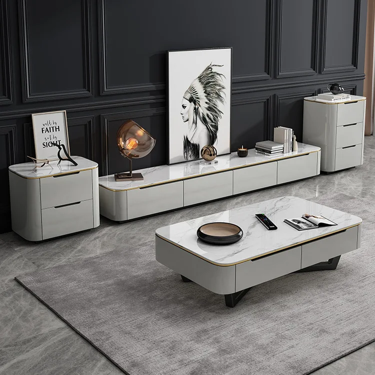 

Light luxury slate coffee table side table living room rectangular solid wood floor cabinet marble TV cabinet combination