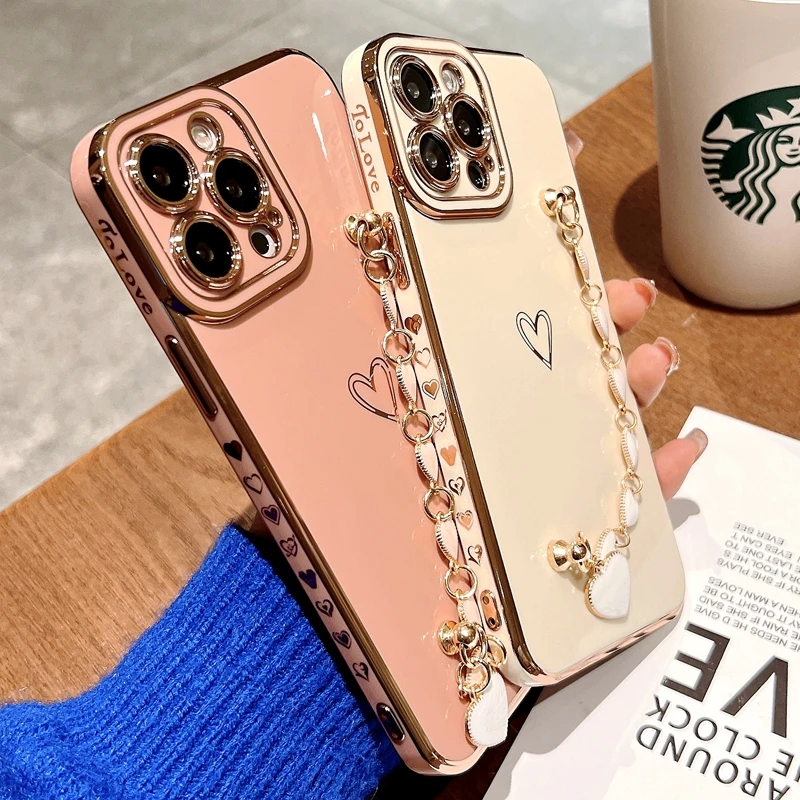 

Soft Electroplated Love Heart Case For iPhone 11 12 13 Pro Max XS X XR 7 8 Plus SE 2020 Silicone Bracelet Bumper Back Cover