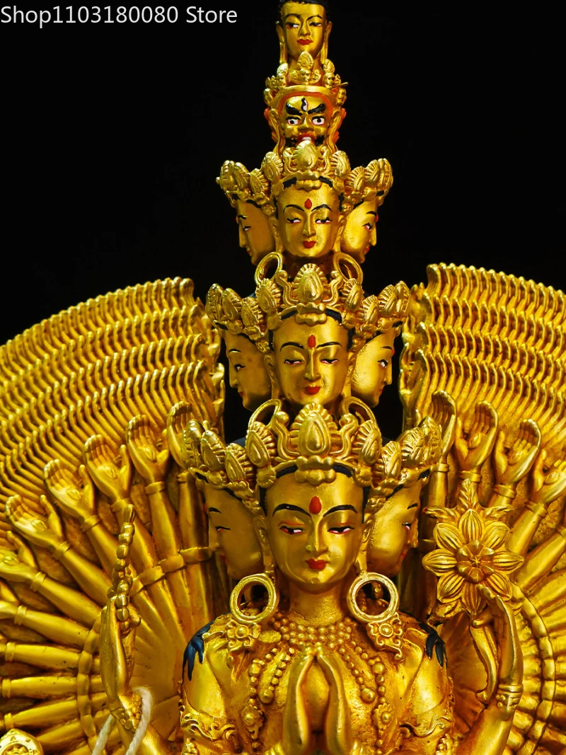 31 см Изысканная медная позолоченная резная искусственная кожа Тибет Кван-инь