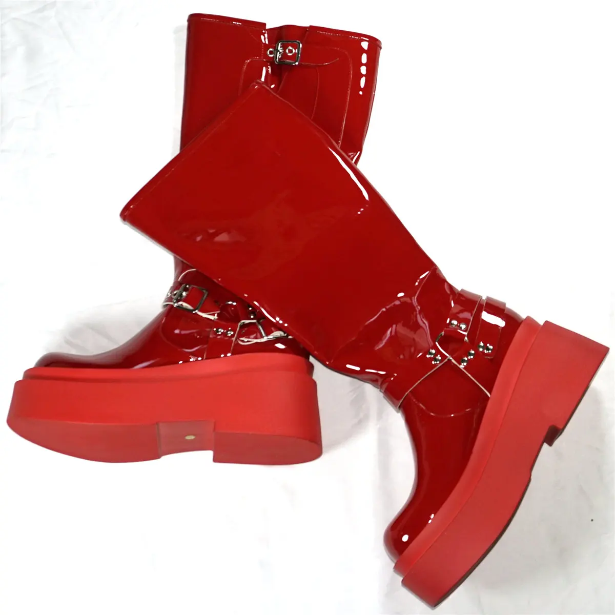 Super High Heels Fashion Sneakers Women Red Patent Leather Wedges Knee High Boots Female Round Toe Platform Pumps Casual Shoes