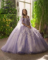 lilac purple off the shoulder quinceanera dresses with cape beaded ball gown 3d flowers pageant graduation party sweet 16 vestid