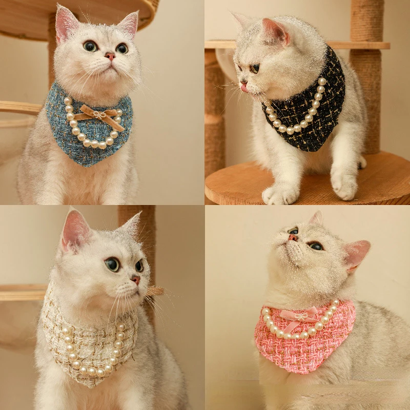 Cat Pearl Bandana Saliva Scarf Dog Triangle Bandana Scarf Kitten Accessories Pearl Collar for Pet Cat Bib Collar