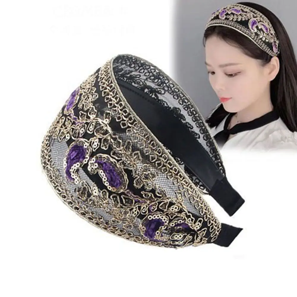 

Retro Wide Lace Embroidered Women Headband Sequins Bezel Hair Hoop Female Turban Hairband Head Wrap Bandana