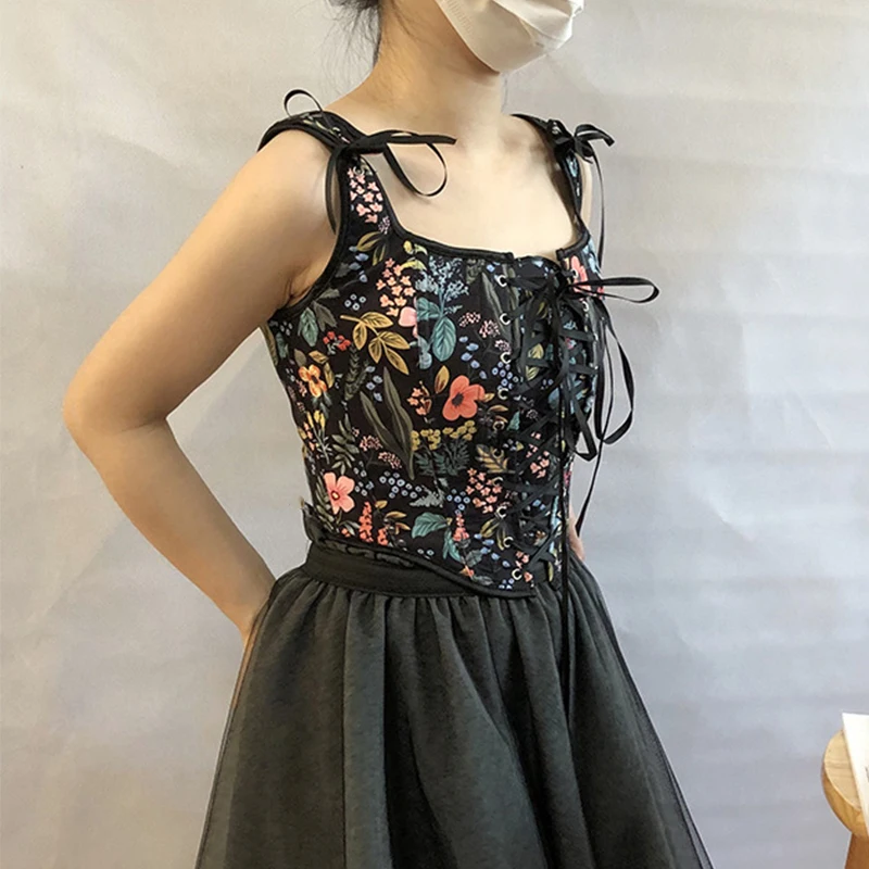 Женский винтажный корсет на шнуровке с цветочным принтом укороченный топ без