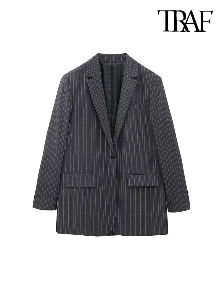 

TRAF Women Fashion Front Button Pinstripe Blazer Coat Vintage Long Sleeve Flap Pockets Female Outerwear Chic Vestes Femmes
