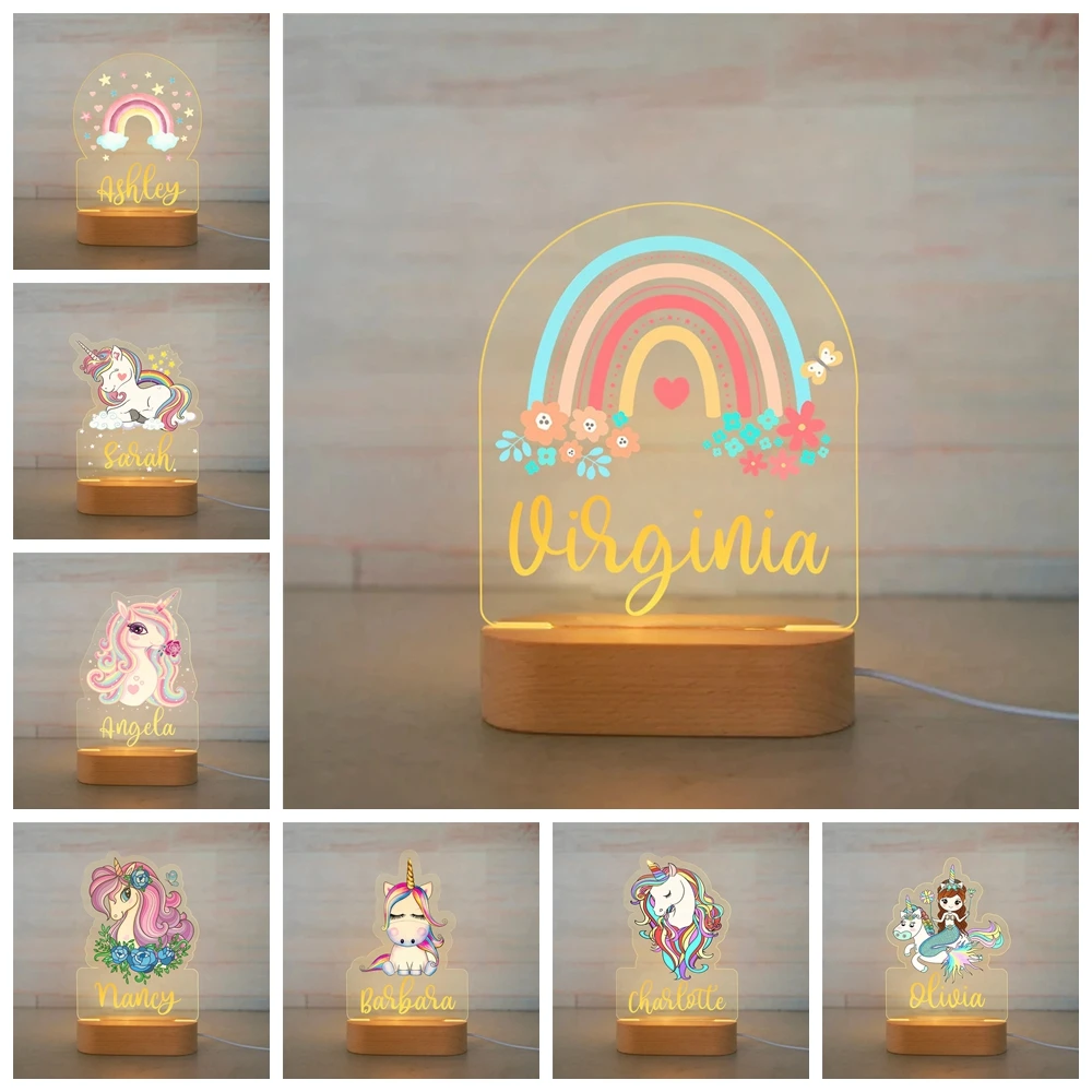 Personalized Rainbow Unicorn LED USB 7 Colors Night Light Custom Name Acrylic Lamp Wood Base For Baby Kid Children Bedroom Decor