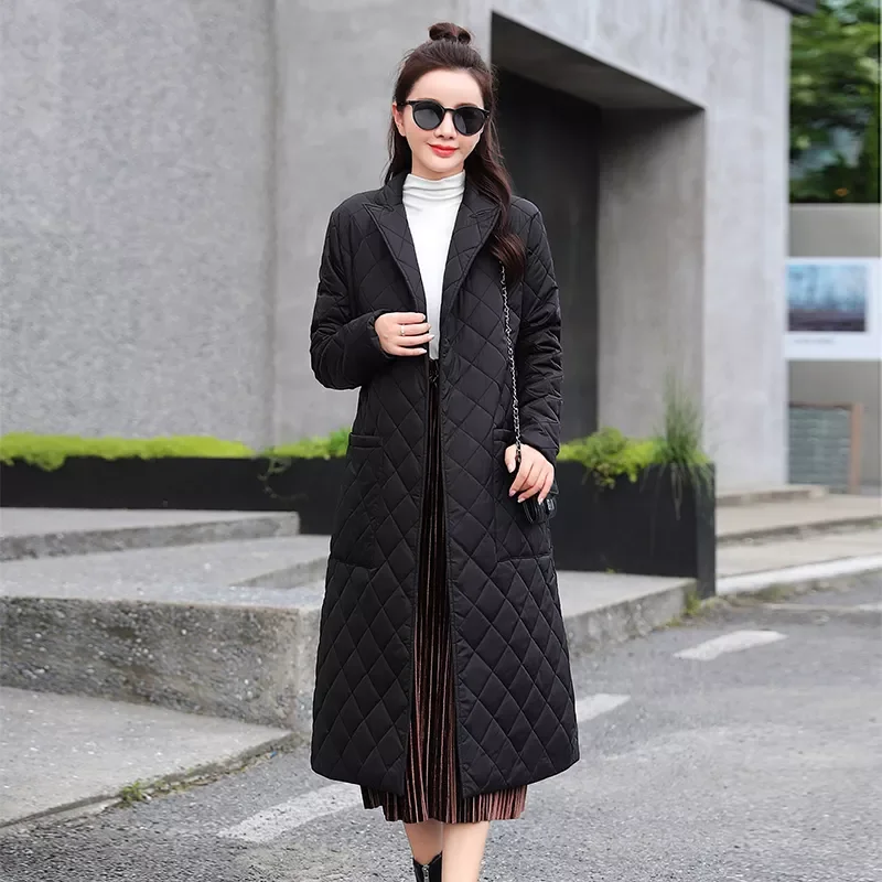 

new Woman Parkas Belted space cotton diamond plaid Coat down Women's over the Knee Winter Clothing Coat