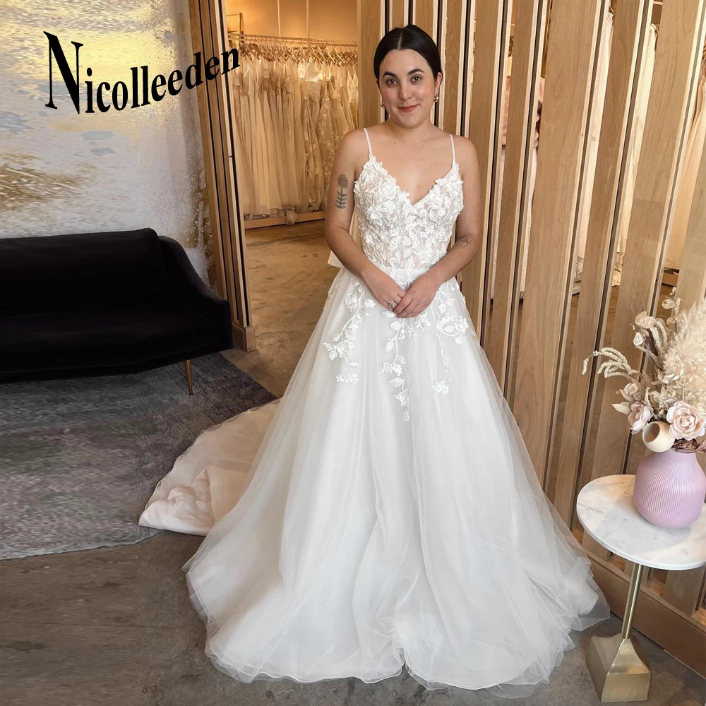 

Nicolle V Neck Sleeveless Wedding Dresses For Bride Lace Appliques Spaghetti Strap A Line Tulle Court Train Sweep Train