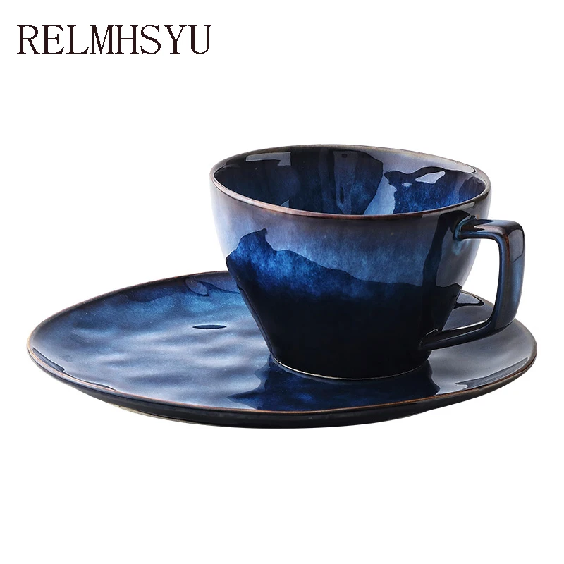

1PC European Style Blue Ceramic Western Breakfast Plate Milk Oatmeal Bowl Big Mug Set Tableware Set Household Restaurant