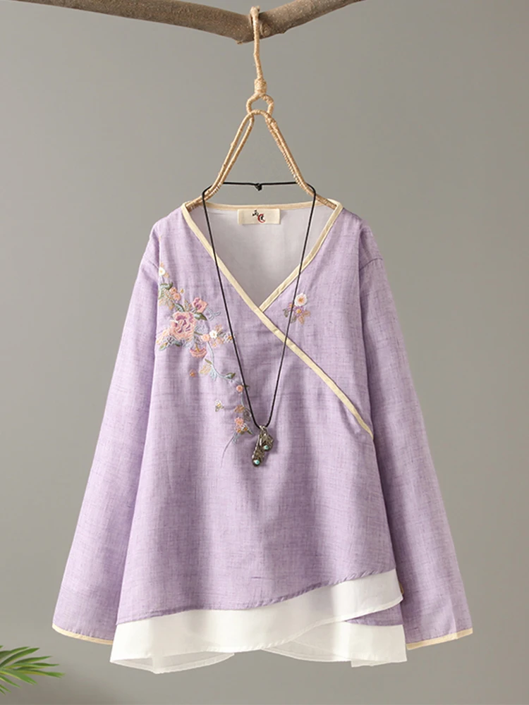 

Women Blouse Retro Cotton and Linen V-neck Embroidered Button-Down Shirt 2022 New Literary Loose Tea Clothes Tops Women