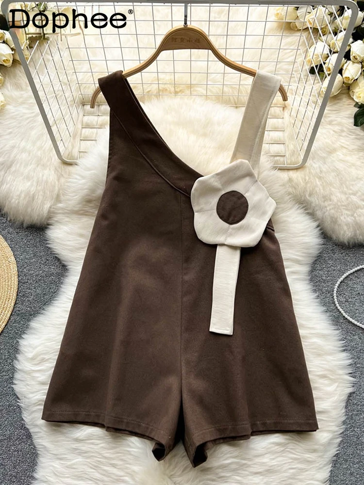 

DEAT Fashion Woemn's Sexy Suspender Jumpsuit Loose Contrast Color Spliced Wide Leg Short Rompers Female Tide Summer 2022 11C104