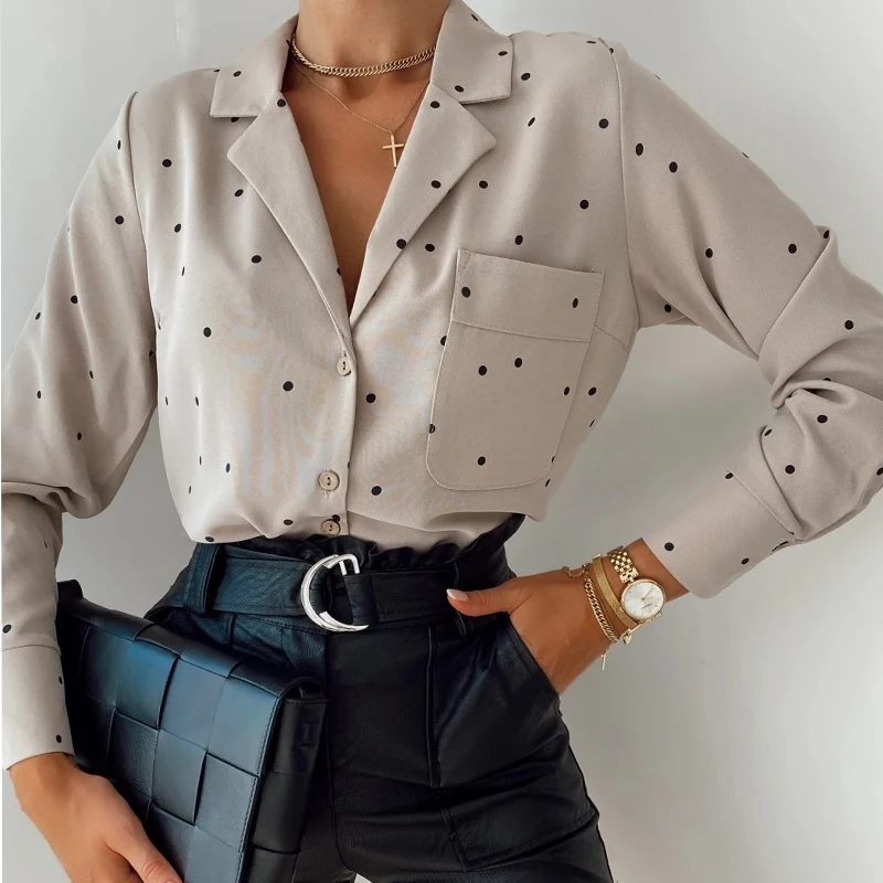 

Pocket Long Sleeve Turn Down Collar Women Blouse Office Lady Polka Dot Cotton Casual Shirts 2022 New Spring