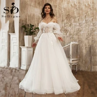 sodigne boho modern wedding dresses off the shoulder puff long sleeves lace appliques beach bridal gown a line wedding gown