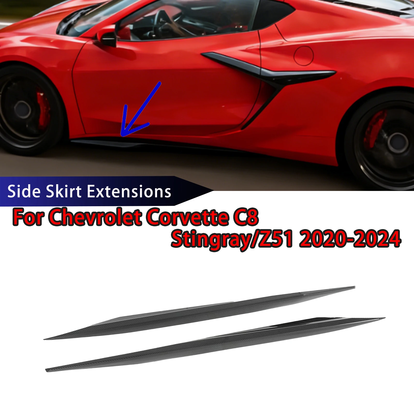 Фото Удлинители боковой юбки автомобиля для Chevrolet Corvette C8 Stingray/Z51 2020 2021-2024, аксессуары-сплиттер из углеродного волокна, спойлер №1