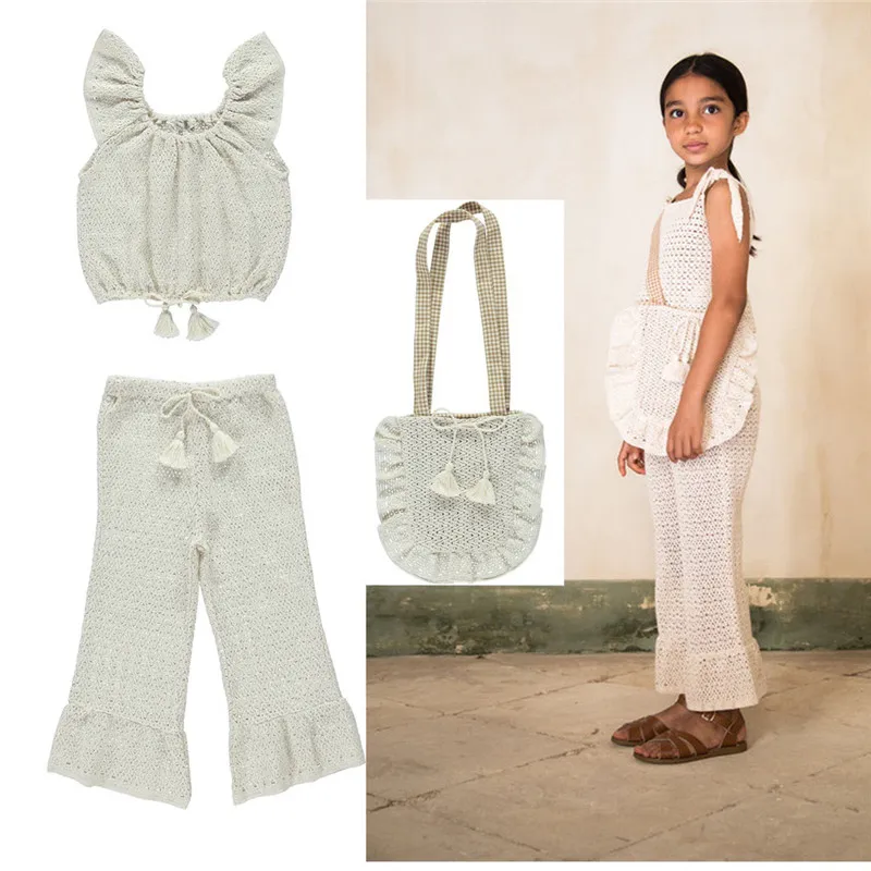 

EnkeliBB Toddler Girl Fashion Knit Sets White Ruffle Vest and Wide-leg Pants Outfits Child Girl Brand Summer Hollow Cotton Set