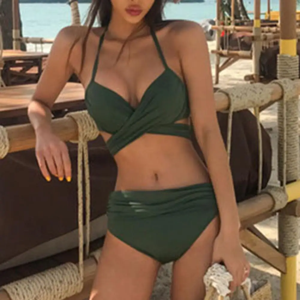 

Two Pieces Stylish Push-Up Bra High Rise Briefs Bathing Suit Female Girls Swimsuit Pure Colors for Travel