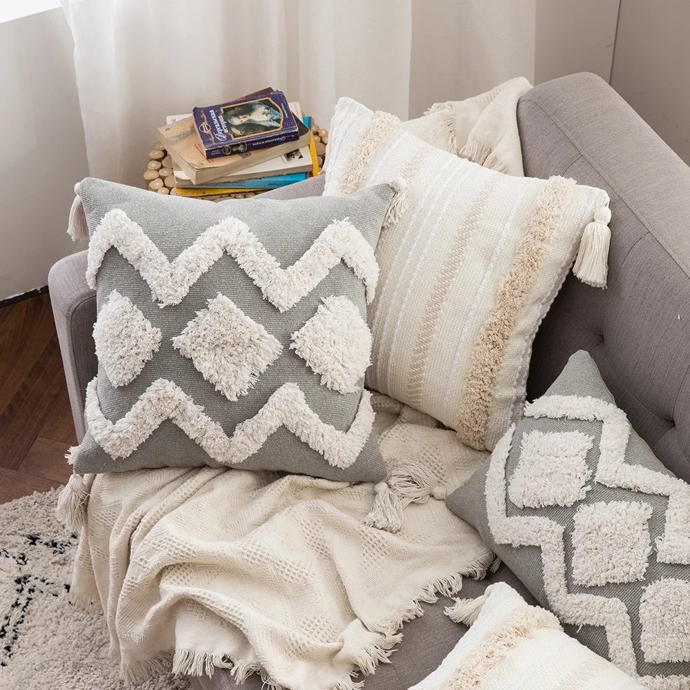 Funda de almohada acolchada con borlas de encaje para decoración del hogar, cojín de estilo bohemio para cabecero de sofá