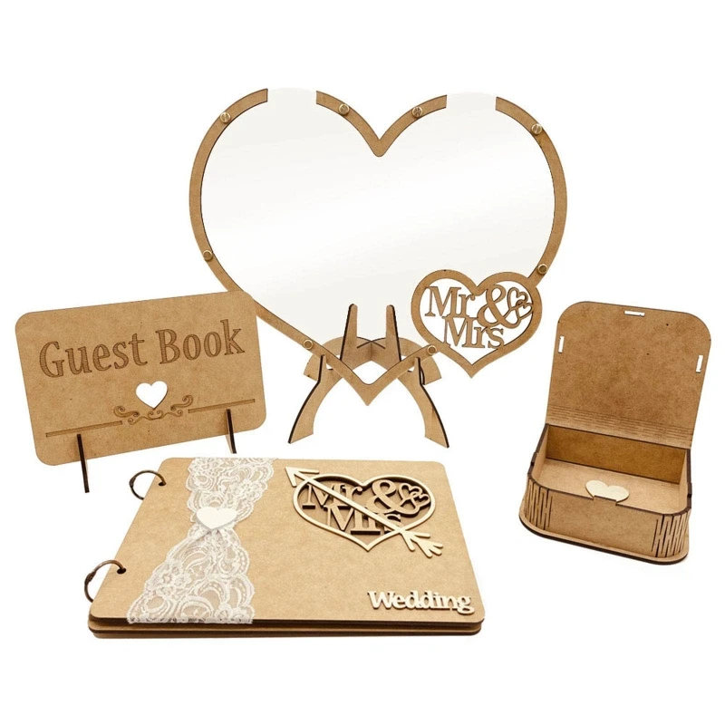 

H55A Wedding Guest Book Set Wood Love Heart Ornament Wood Storage Kit