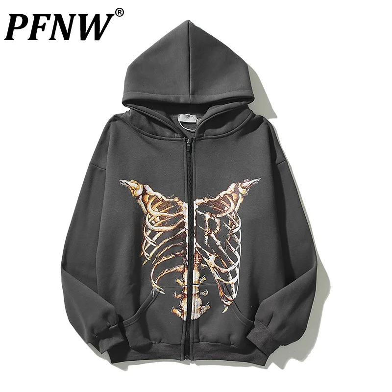 

Мужской кардиган PFNW в стиле американской Хай-стрит, в стиле хип-хоп, с принтом скелета, кардиган с надписью и надписью на молнии, новинка, пальто в стиле панк 12Z5242