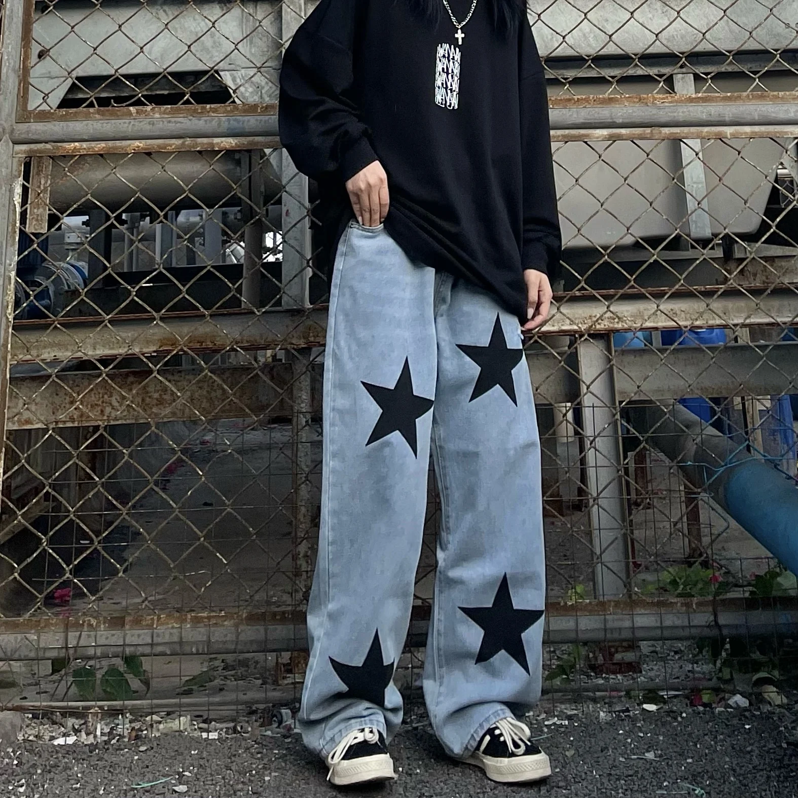 Black Stars Printed Jeans Men's 2023 Fashion Design Casual Loose Straight Pants Male Clothing