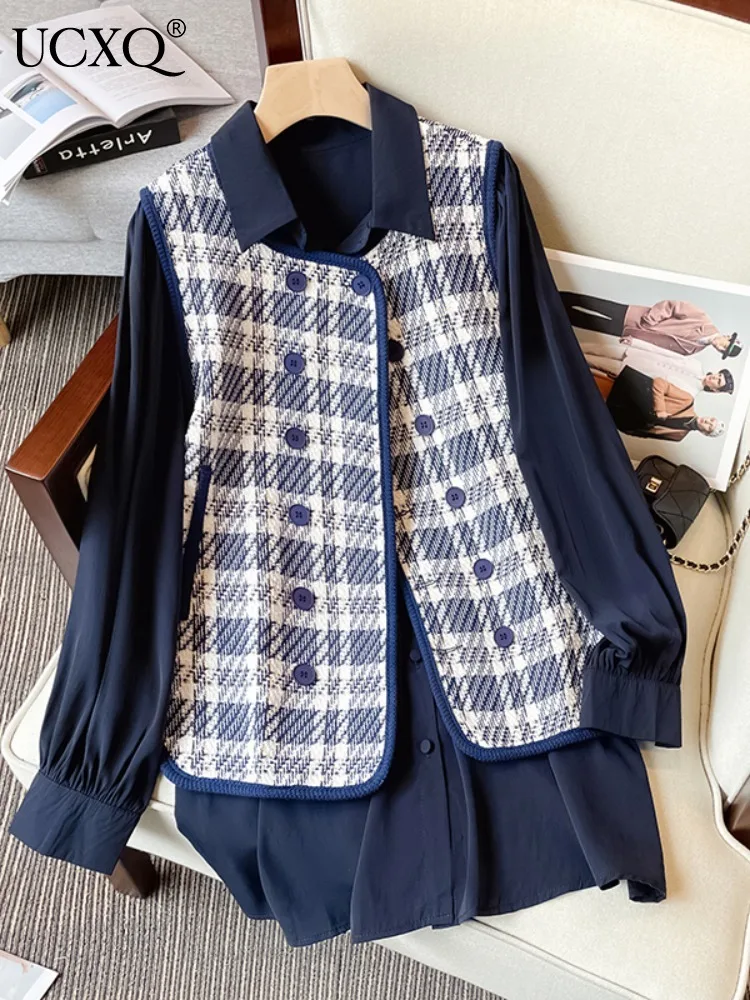 

UCXQ Fashion Lapel Double Breasted Plaid Waistcoat Vest Shirt Dress Two Pieces Set For Women Top 2023 Autumn Winter New 23A6255