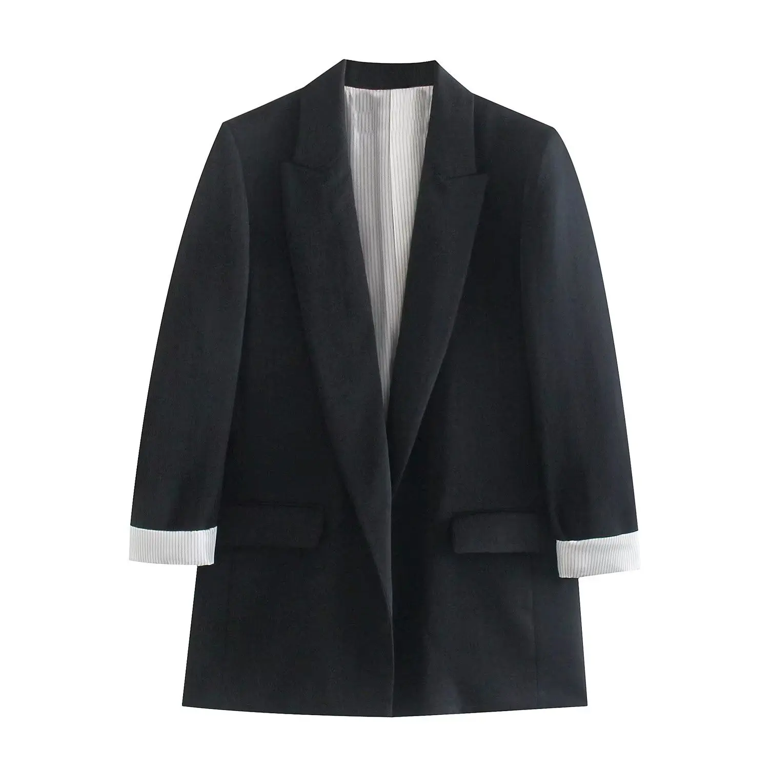 

Autumn Female Commuter Black Solid Color Blazer for Women Office Lady Casual Loose Suit Jacket With Rolled Cuffs V-Neck Blazers