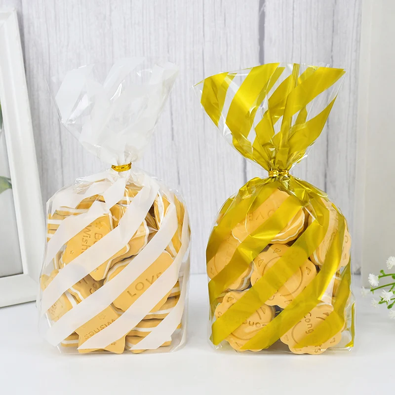 

50pcs Gold White Dots Stripe Candy Bag Transparent Plastic Packaging Sweets Bags Biscuit Bag Birthday Wedding Party Gift Wrap