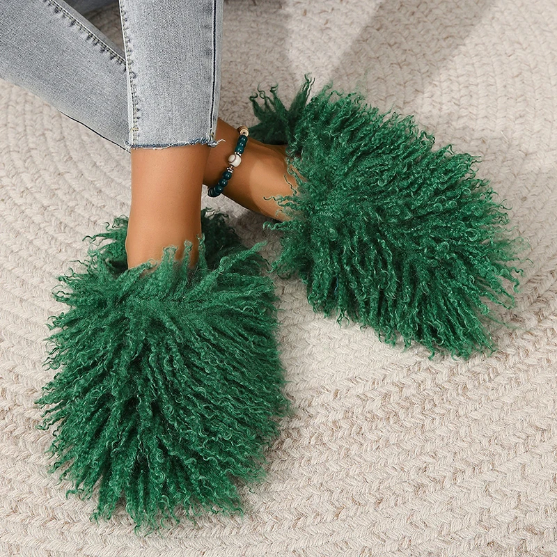 

New Arrival Women Luxury Furry Fur Cozy Slippers Winter Fluffy Plush Warm Slides Solid Color Durable House Oversized Flip Flops