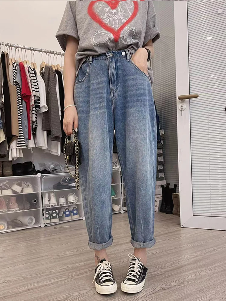 

Женские джинсы-шаровары до щиколотки TIGENA, тонкие повседневные синие джинсы с высокой талией и карманами на резинке на лето 2022