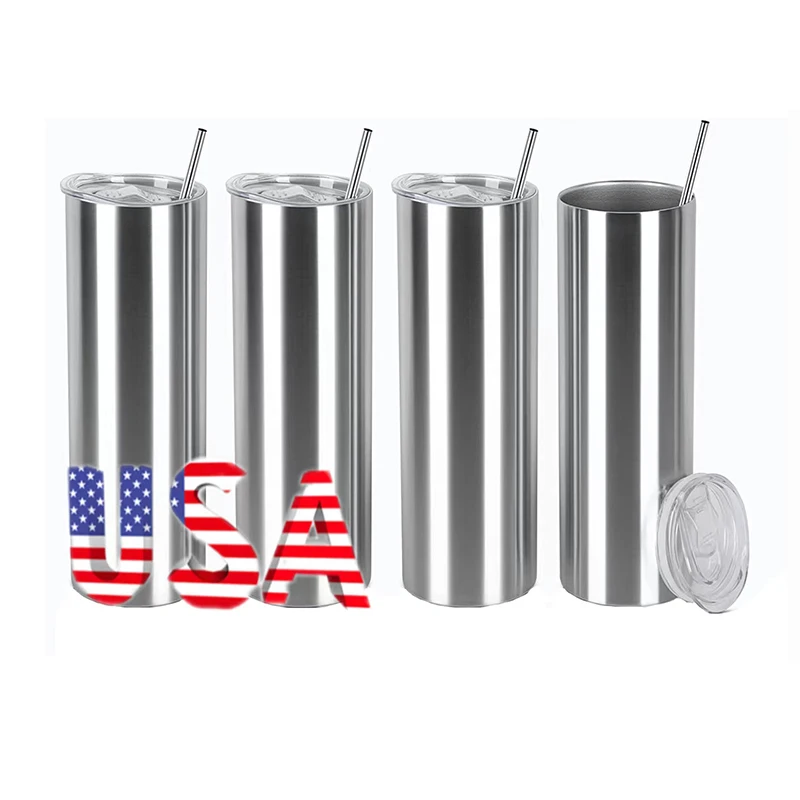 

US warehouse 25/50pack Sublimation Bulk Wholesale Silver Tumblers 20oz Skinny Sublimation Tumbler With Lid And Metal Straw