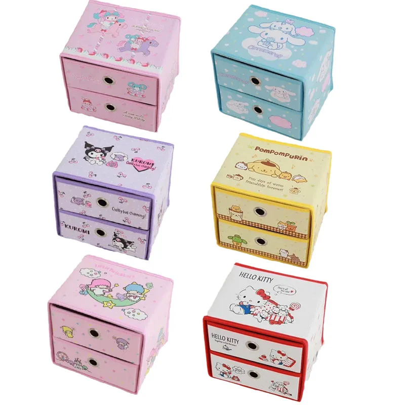 

Anime Sanrios Kawaii Cinnamoroll Kuromi My Melody Purindog Kittys Cartoon Desktop Double Layer Sundries Folding Storage Box Gift