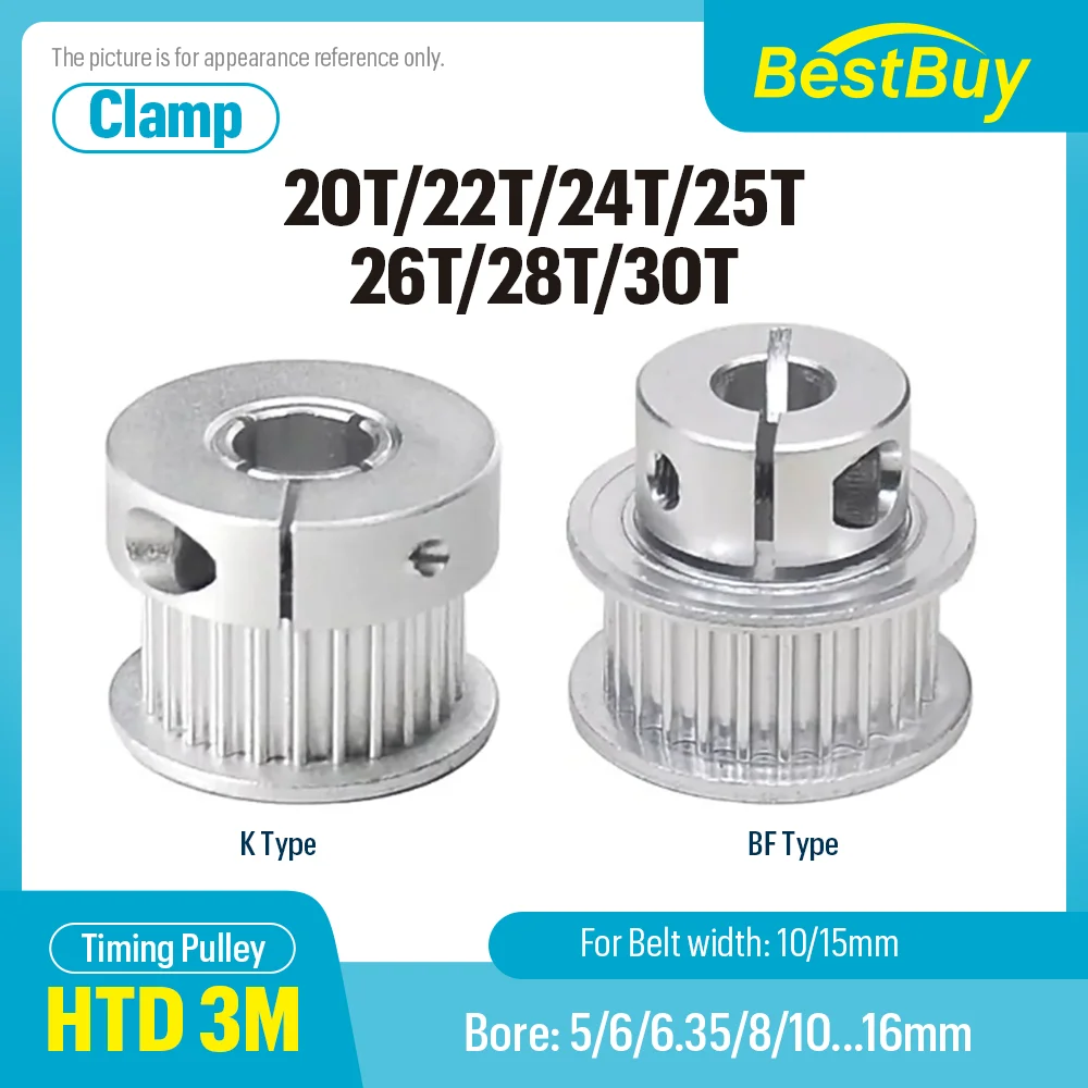 Фото 3M 20T/22T/24T/25T/26T/28T/30 зубьев K Тип зажима Синхронные колеса Диаметр 5-16 мм для ширины ремня 10/15 мм Аксессуары для 3D-принтеров №1