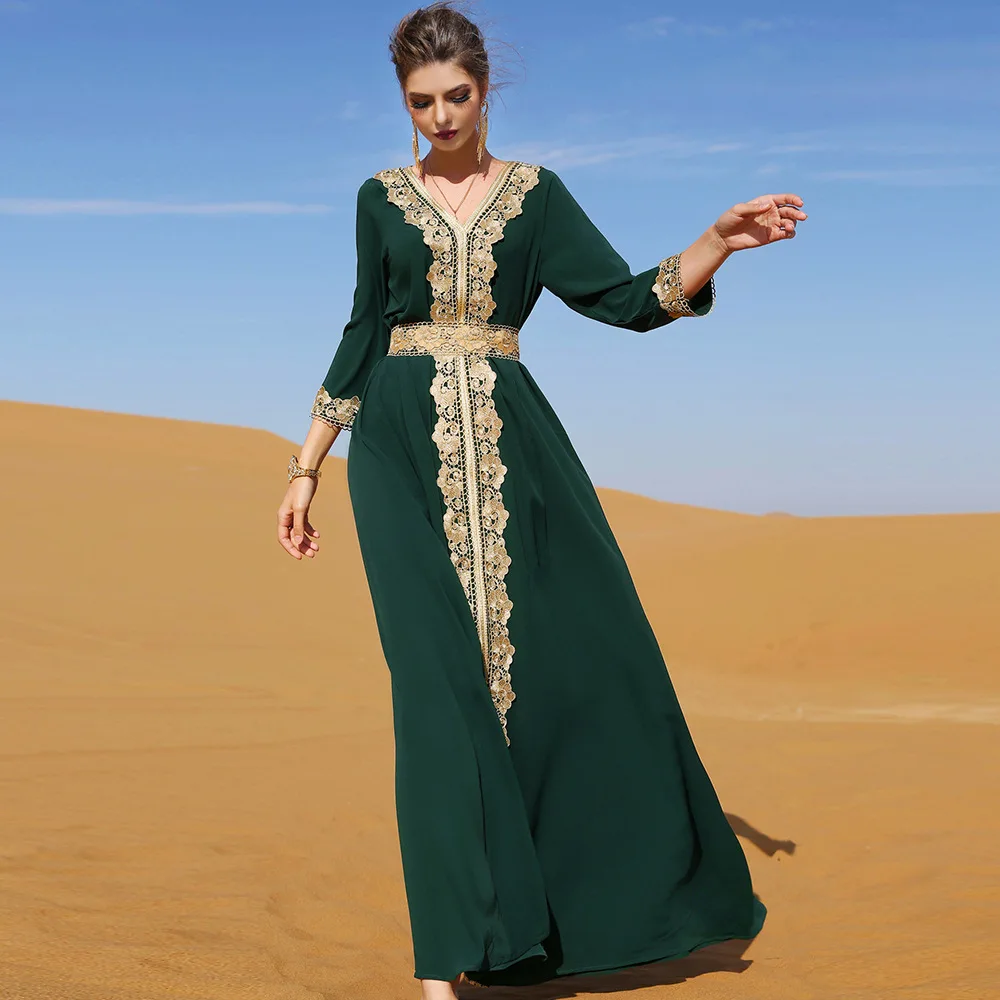 Элегантные платья Caftan для женщин, шикарное кружевное лоскутное платье с поясом, индейка, мусульманская Мода, v-образный вырез, рукав три четв...