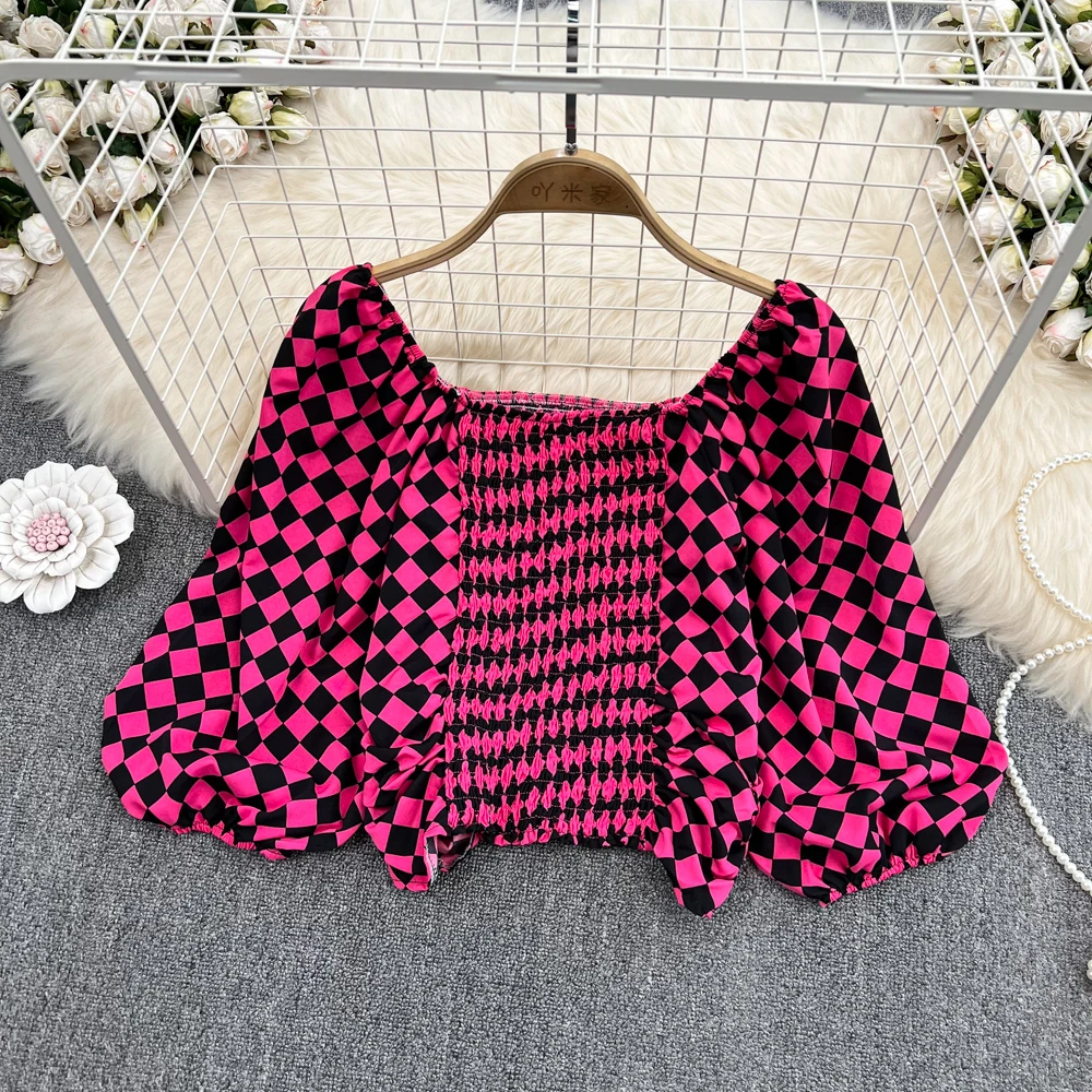 

Весенние и осенние нежные темпераментные топы, Женская клетчатая рубашка с квадратным воротником и рукавами-фонариками, тонкая плиссированная рубашка