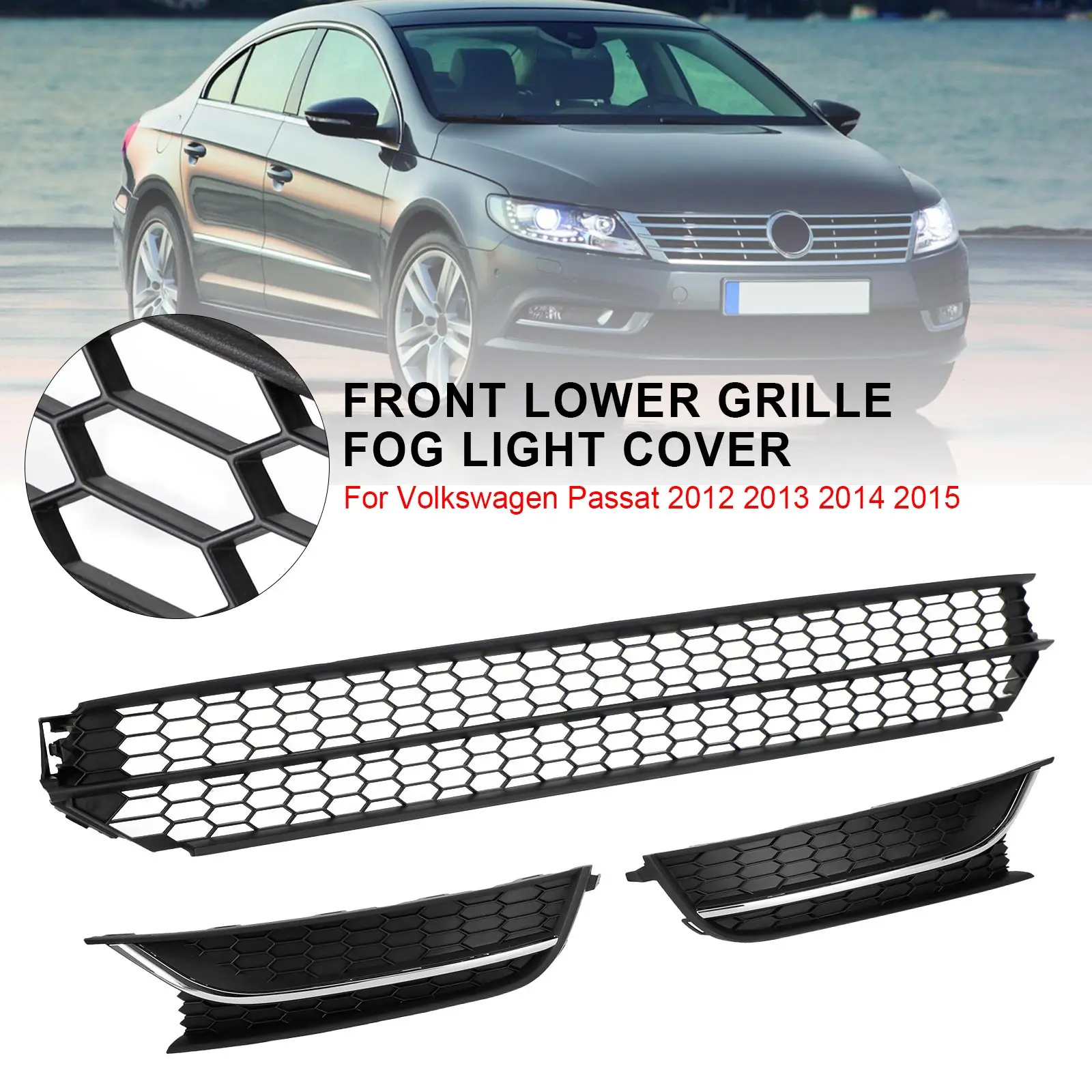 

Topteng Front Lower Grille + Fog Light Cover W/O Hole Combo Set Fit For VW Passat 2012-2015
